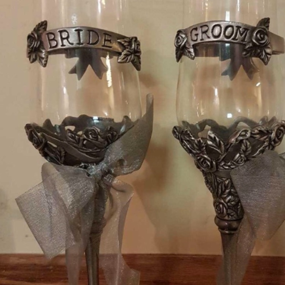 Elegant Vintage pewter Bride and Groom Champagne Flutes